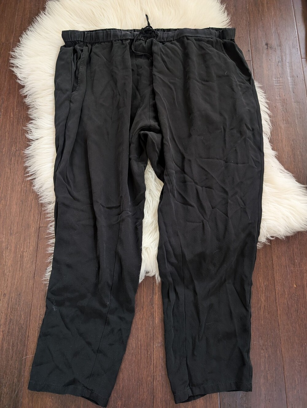 Eileen Fisher Black 100% Silk Pull On Loose Fit Pants Pocket Drawstring L Large